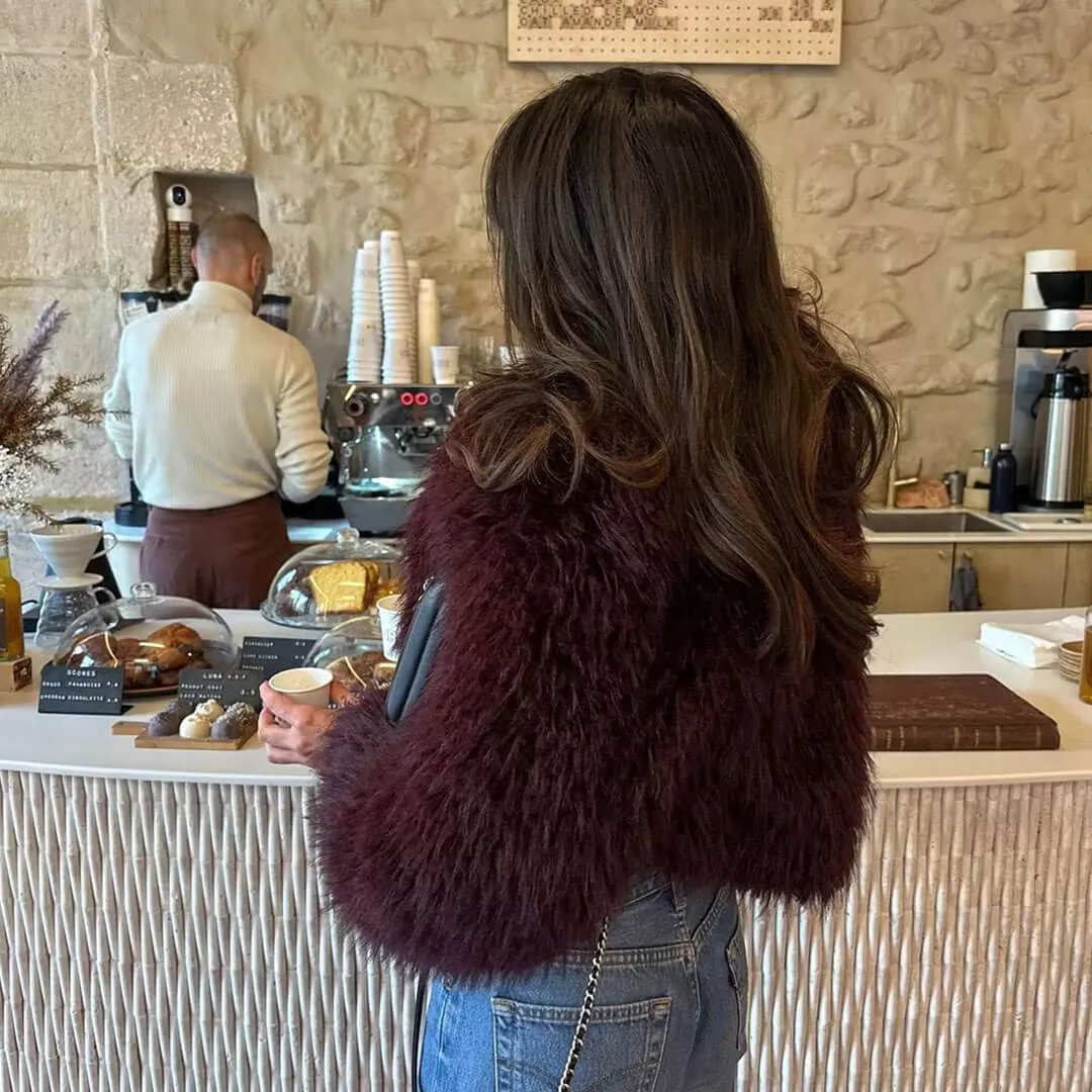 Luxury Lapel Collar Long Sleeve Oversized Cropped Plush Faux Fur Jacket