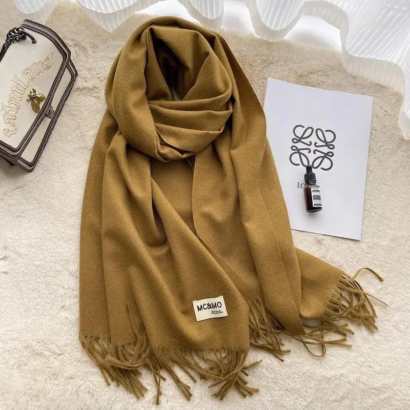 MAC049 Imitation Cashmere Solid Color Basic Tassel Scarf