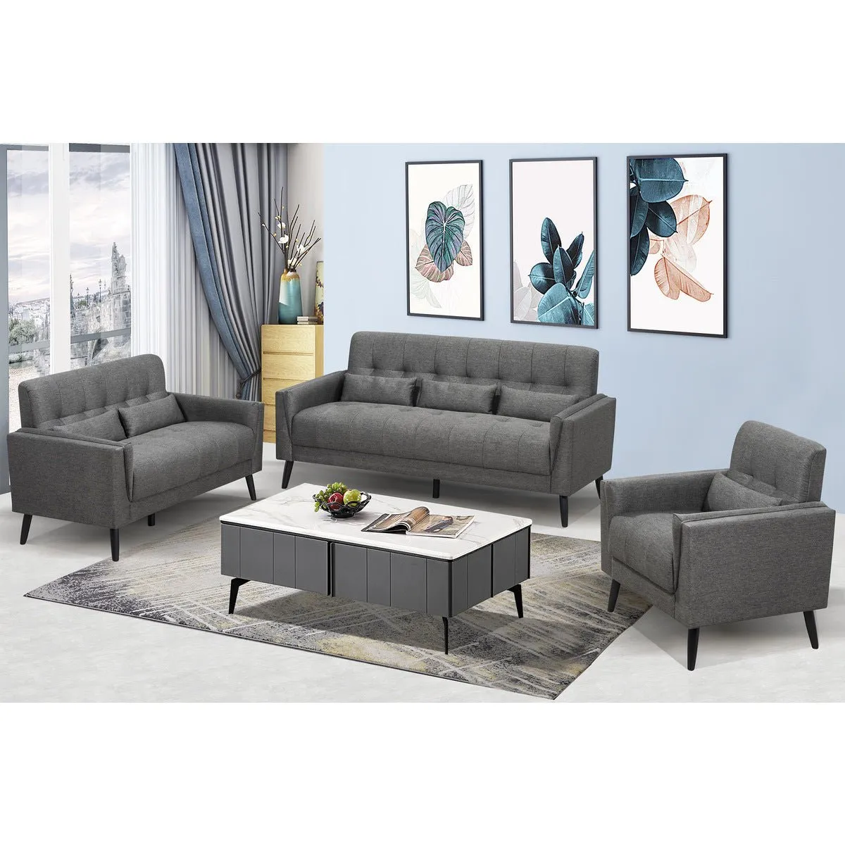 Madeline Grey Sofa with 3 Lumbar Pillows