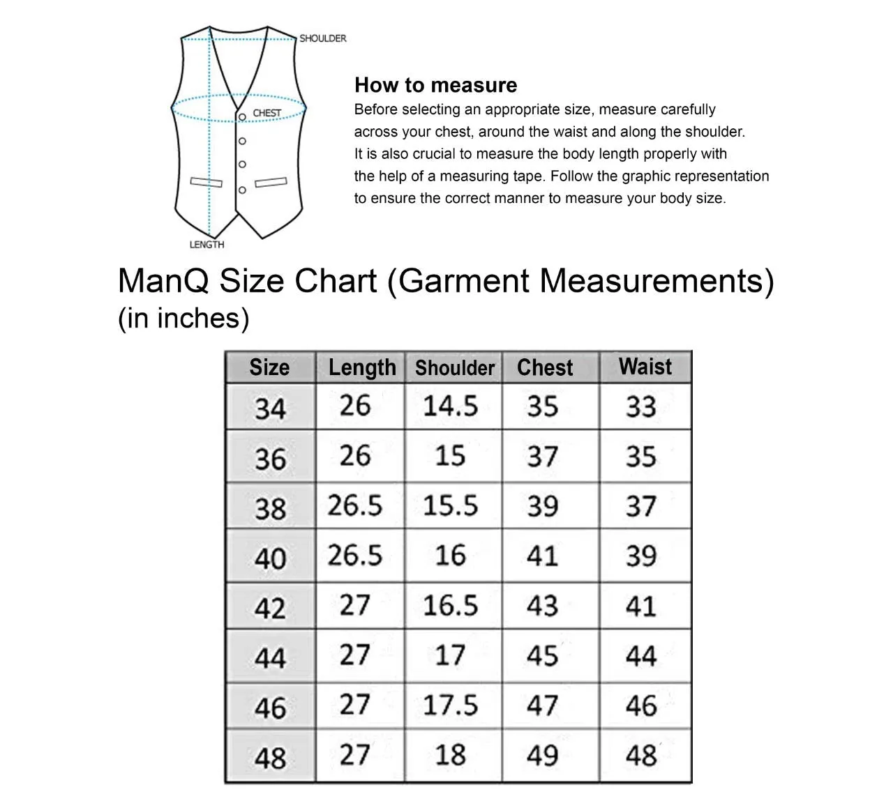 MANQ Men's Single Breast Three Button Slim Fit Formal/Party Waist coat (S6)