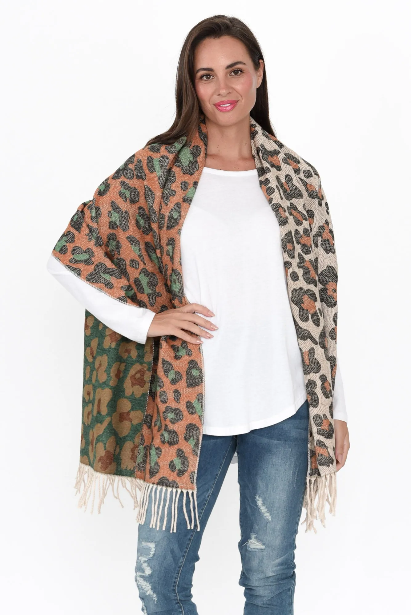 Marwa Orange Leopard Tassel Scarf