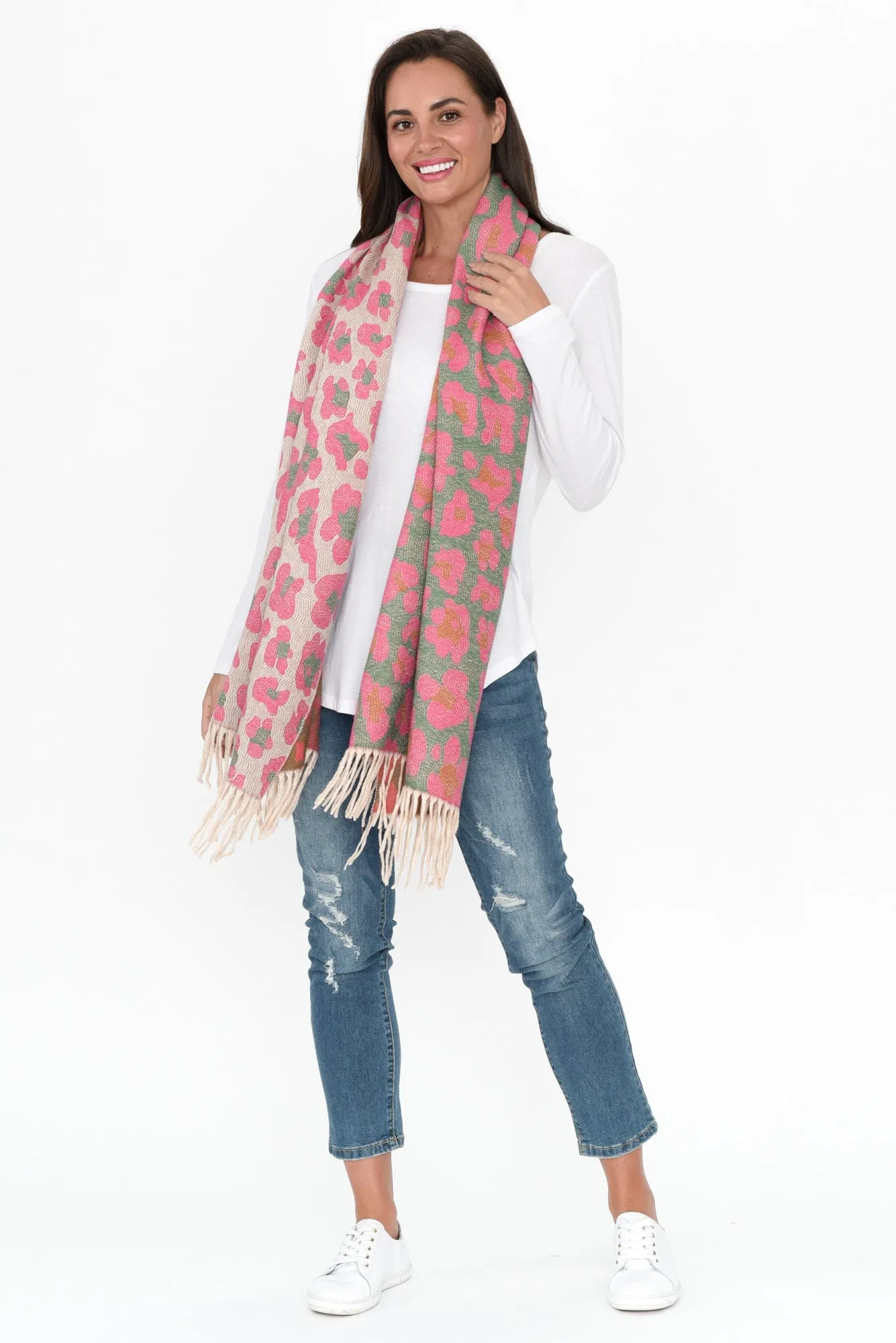 Marwa Pink Leopard Tassel Scarf