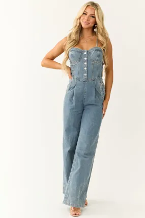 Medium Wash Denim Sweetheart Neck Jumpsuit