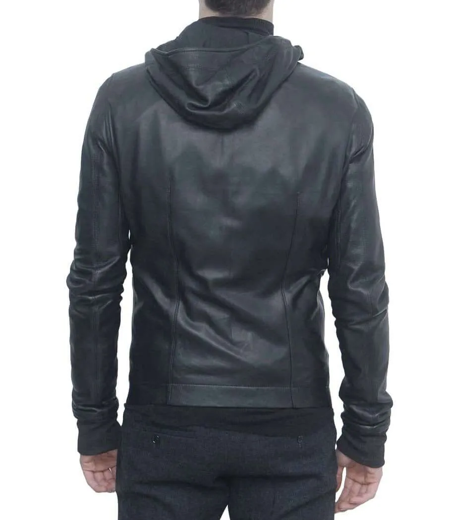 Men Black Leather Bullet Jacket, Men's Leather Jacket Hodded