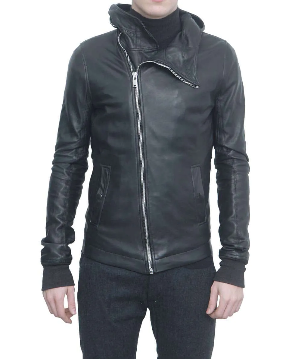 Men Black Leather Bullet Jacket, Men's Leather Jacket Hodded