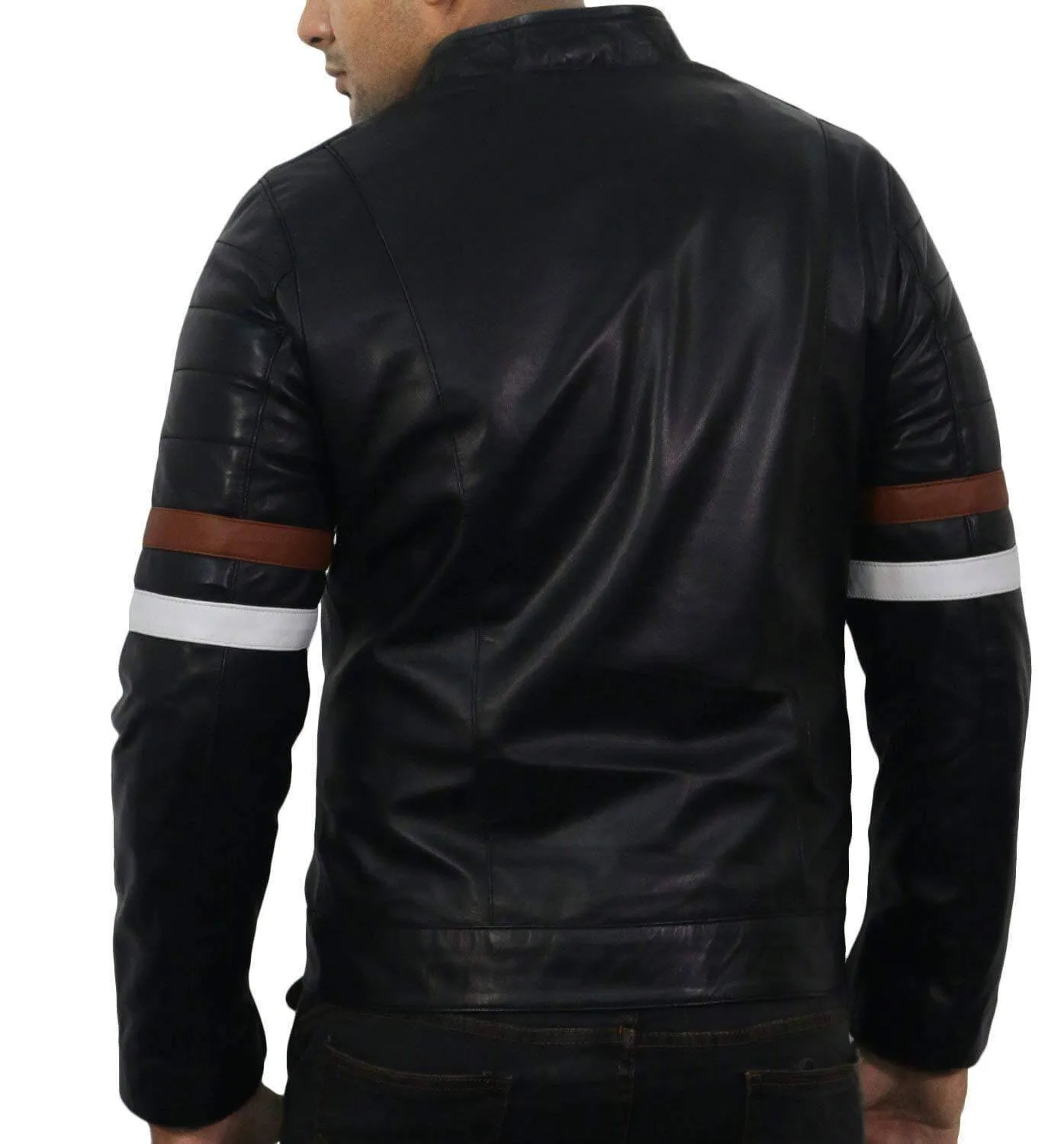 Men Genuine Lambskin Black Leather Brown White Stripped Jacket Slim fit Biker Motorcycle Design jacket