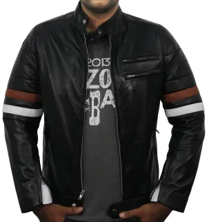 Men Genuine Lambskin Black Leather Brown White Stripped Jacket Slim fit Biker Motorcycle Design jacket