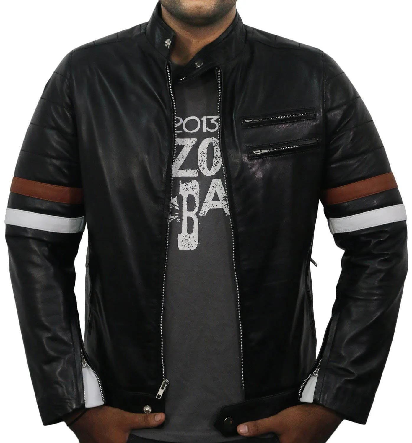 Men Genuine Lambskin Black Leather Brown White Stripped Jacket Slim fit Biker Motorcycle Design jacket