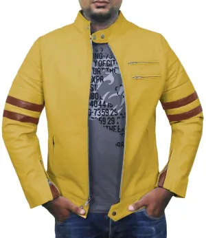 Men Genuine Lambskin Yellow Leather Brown Stripped Jacket Slim fit Biker Motorcycle Design jacket