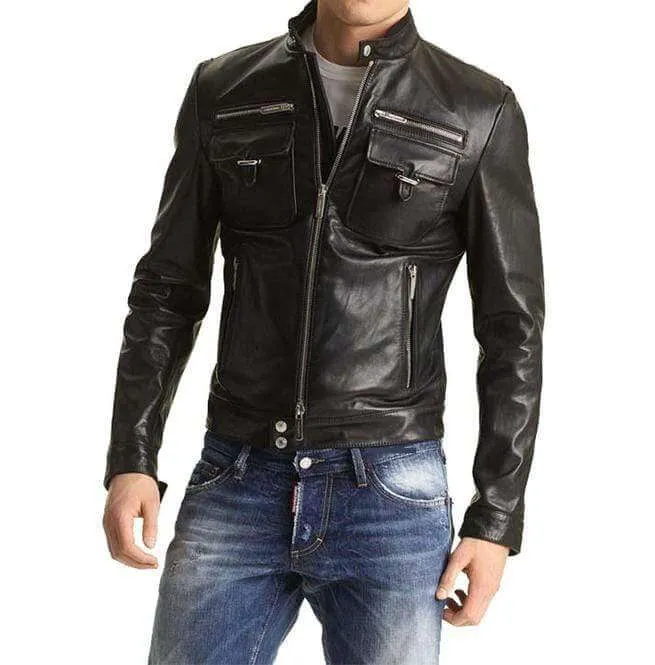 Men's Biker Leather Jacket, Slim Fit Pocket Leather Jacket Men's, Men Fashion Black Jacket