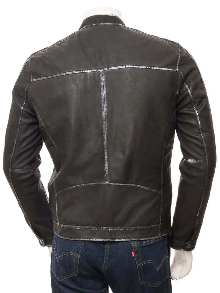 Mens Biker Vintage Motorcycle Quilted Distressed Black, White Strip Leather Jackets