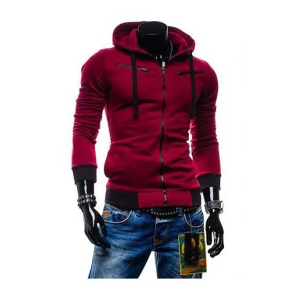 Men's Casual Fleece Color Block Zipper Decoration Drawstring Hoodies