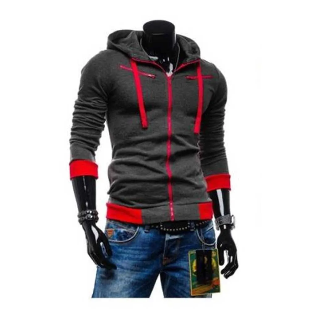 Men's Casual Fleece Color Block Zipper Decoration Drawstring Hoodies