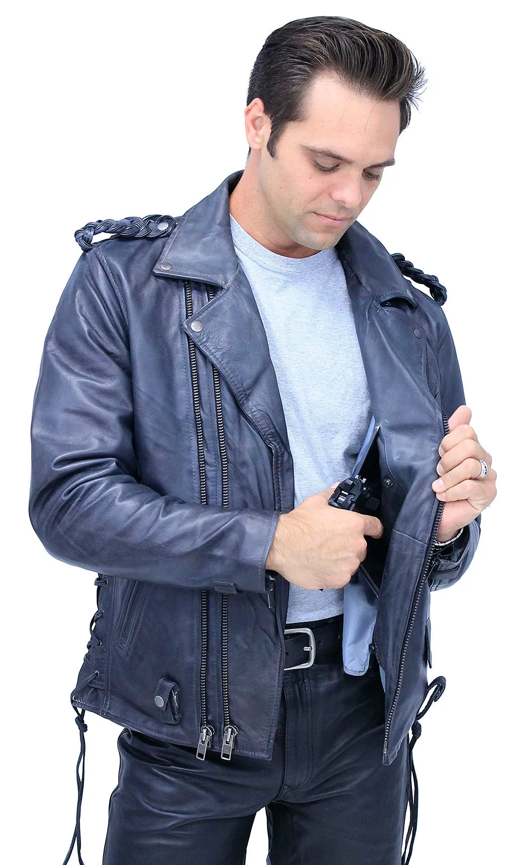 Men's Charcoal Gray Double Zip MC Leather Jacket #MA24800GGY