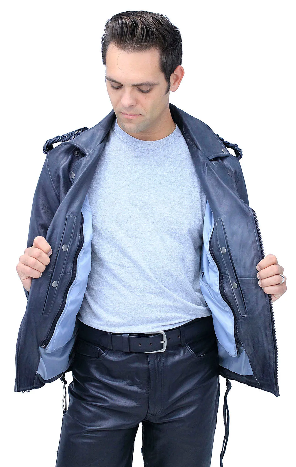 Men's Charcoal Gray Double Zip MC Leather Jacket #MA24800GGY