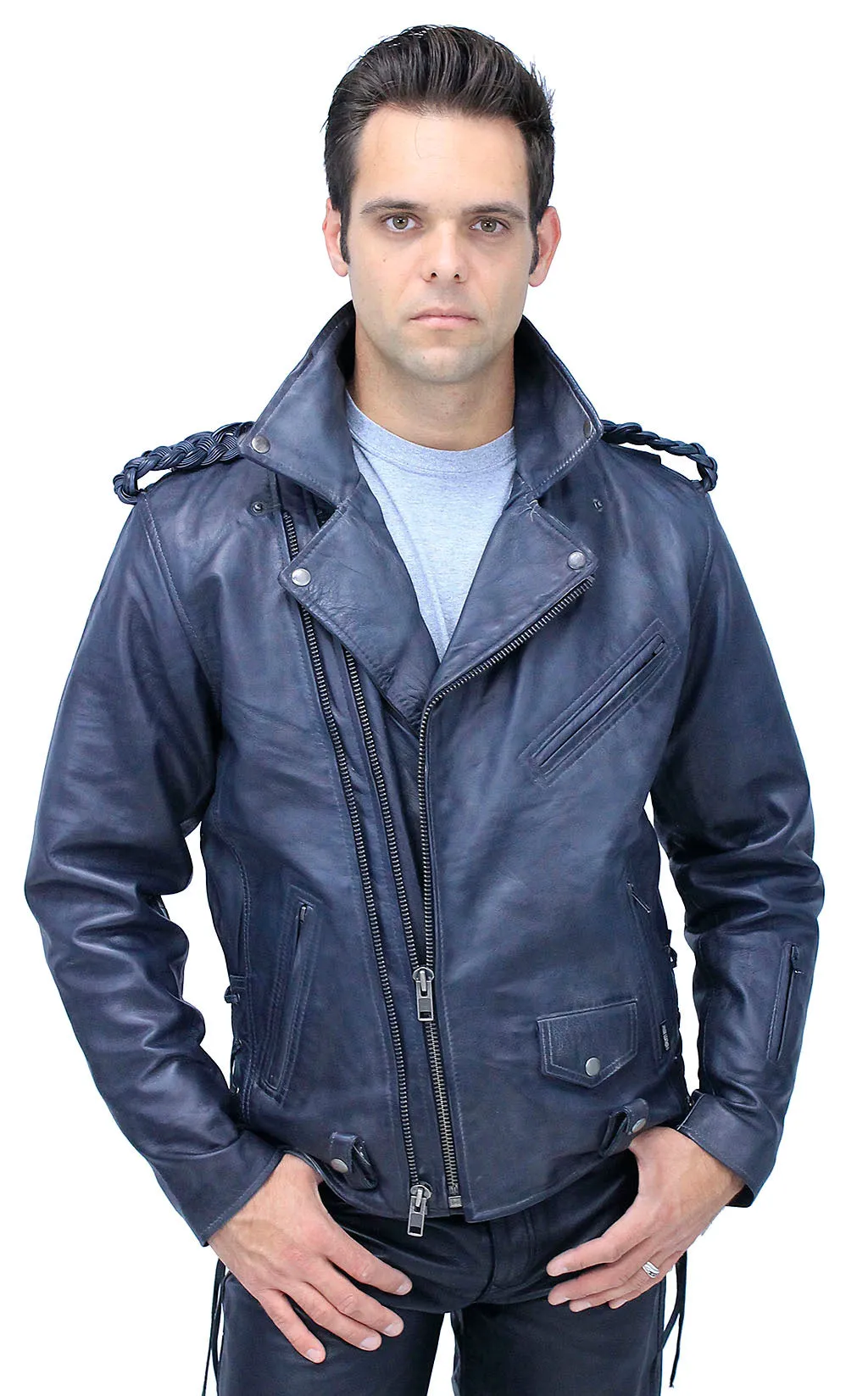 Men's Charcoal Gray Double Zip MC Leather Jacket #MA24800GGY