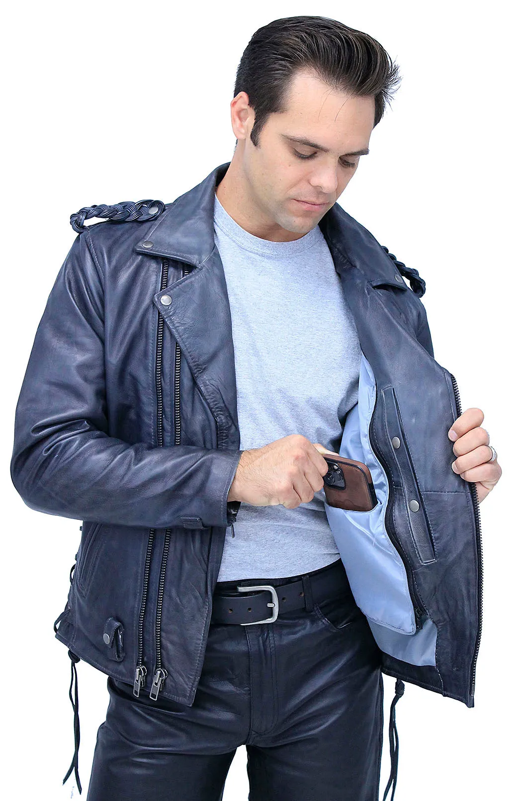 Men's Charcoal Gray Double Zip MC Leather Jacket #MA24800GGY