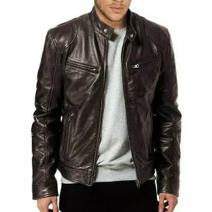 Men's Genuine Lambskin Leather Jacket BROWN Slim fit Biker Jacket