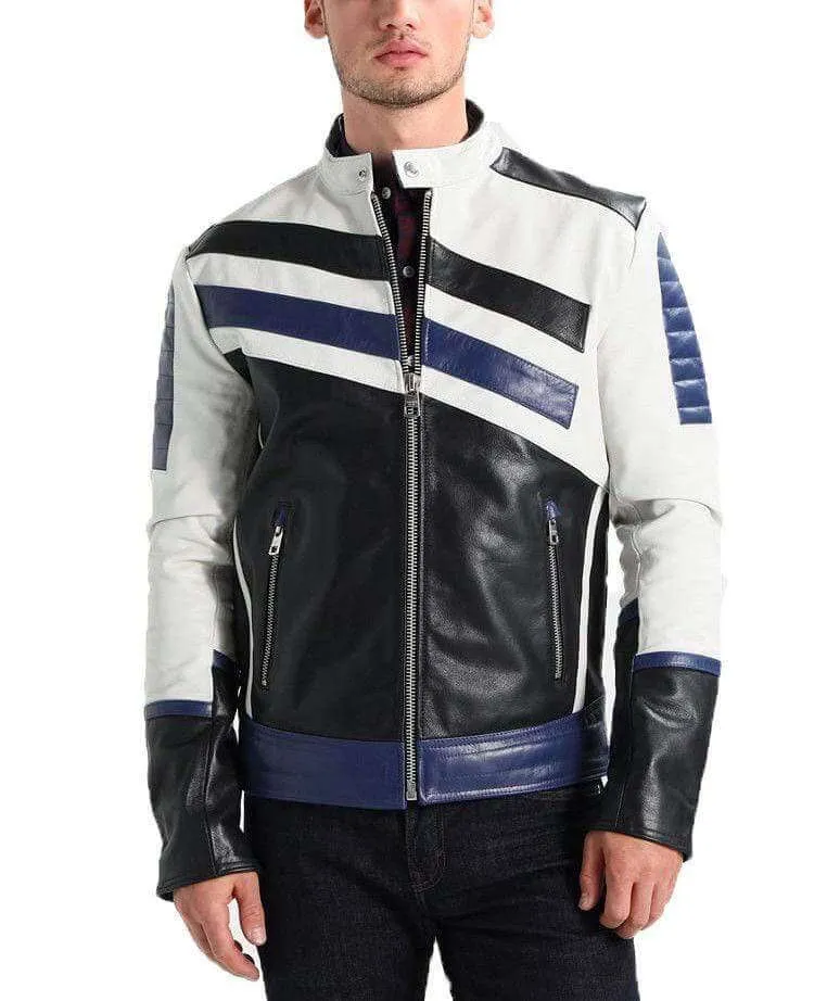 Men's Genuine Lambskin Leather Navy White Classic Jacket