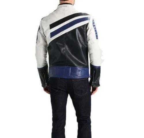 Men's Genuine Lambskin Leather Navy White Classic Jacket