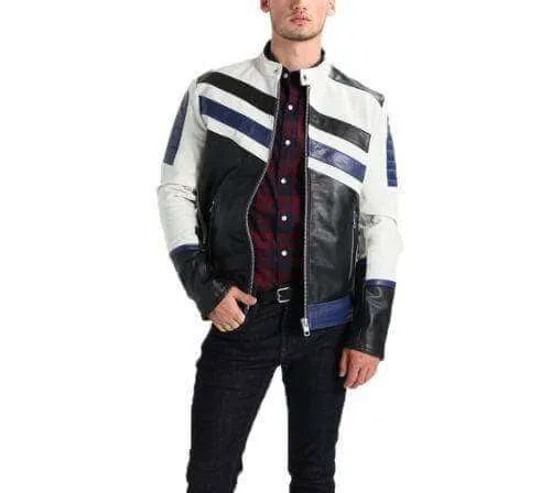 Men's Genuine Lambskin Leather Navy White Classic Jacket