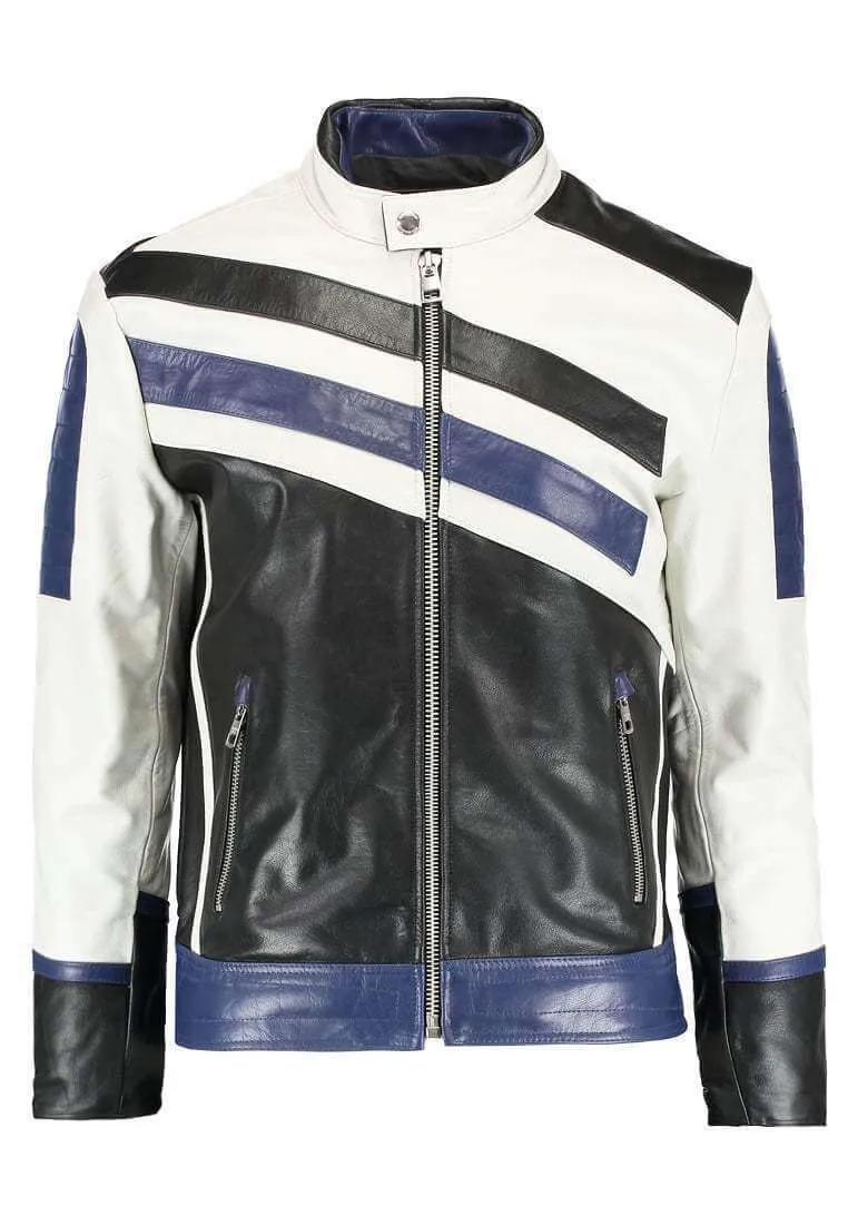 Men's Genuine Lambskin Leather Navy White Classic Jacket