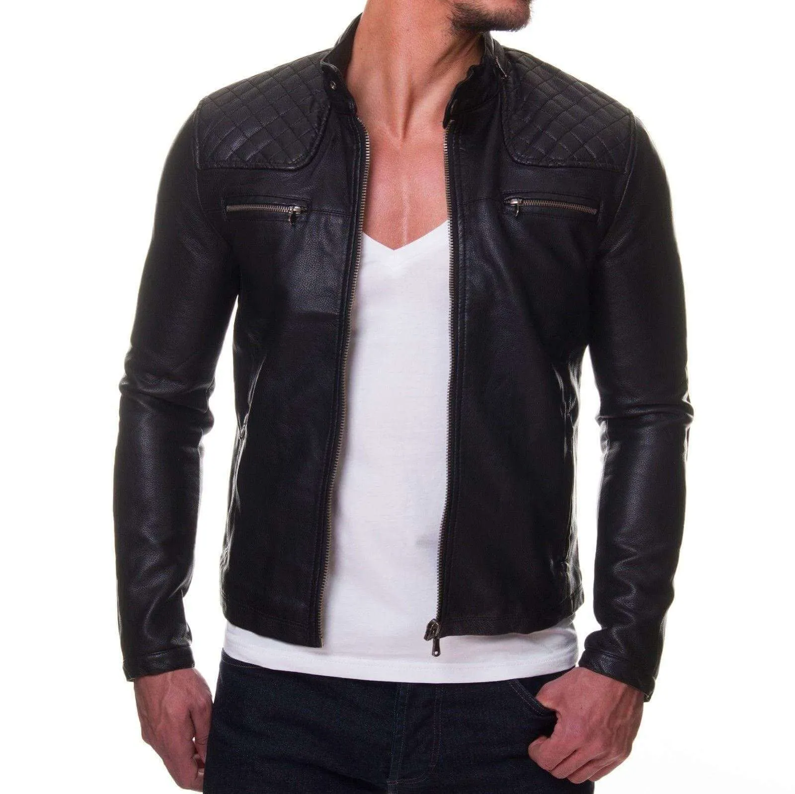 Mens Genuine Lambskin Leather Quilted Motorcycle Jacket Slim fit Biker Jacket