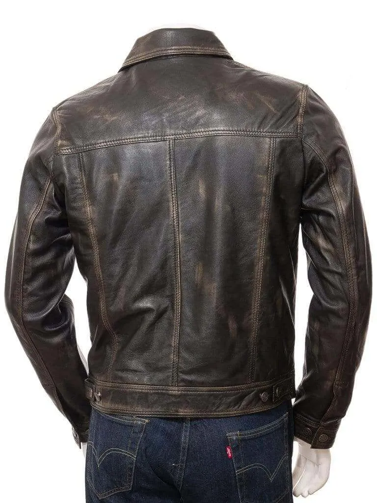 Men's Genuine Vintage Leather Jeans Jacket Unique Brown Slim Motorcycle jacket