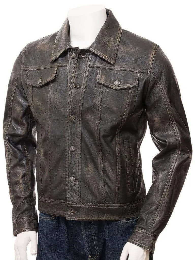 Men's Genuine Vintage Leather Jeans Jacket Unique Brown Slim Motorcycle jacket