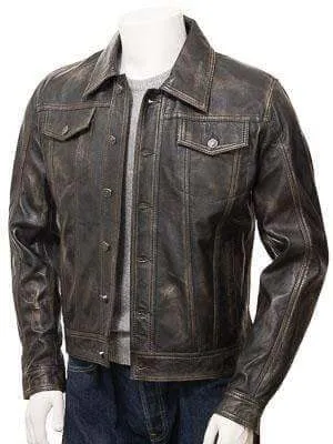 Men's Genuine Vintage Leather Jeans Jacket Unique Brown Slim Motorcycle jacket