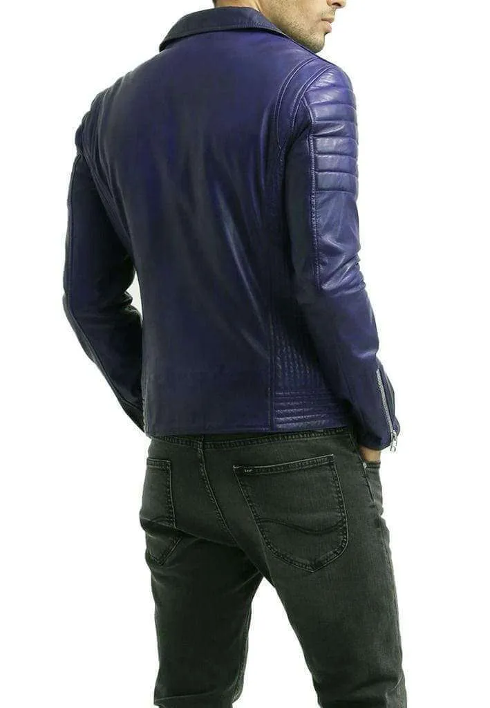 Men's Hot Genuine Lambskin Leather Jacket Blue Slim Motorcycle jacket