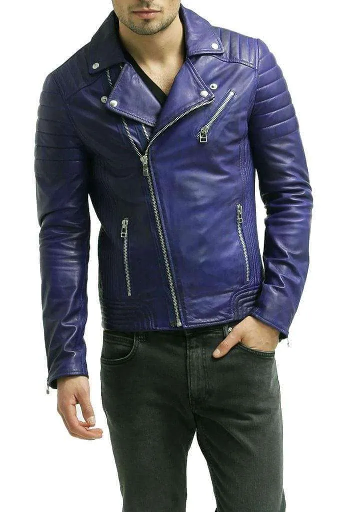 Men's Hot Genuine Lambskin Leather Jacket Blue Slim Motorcycle jacket