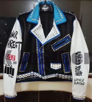 Mens Multi color Studded Printed Logos Punk Leather Jacket