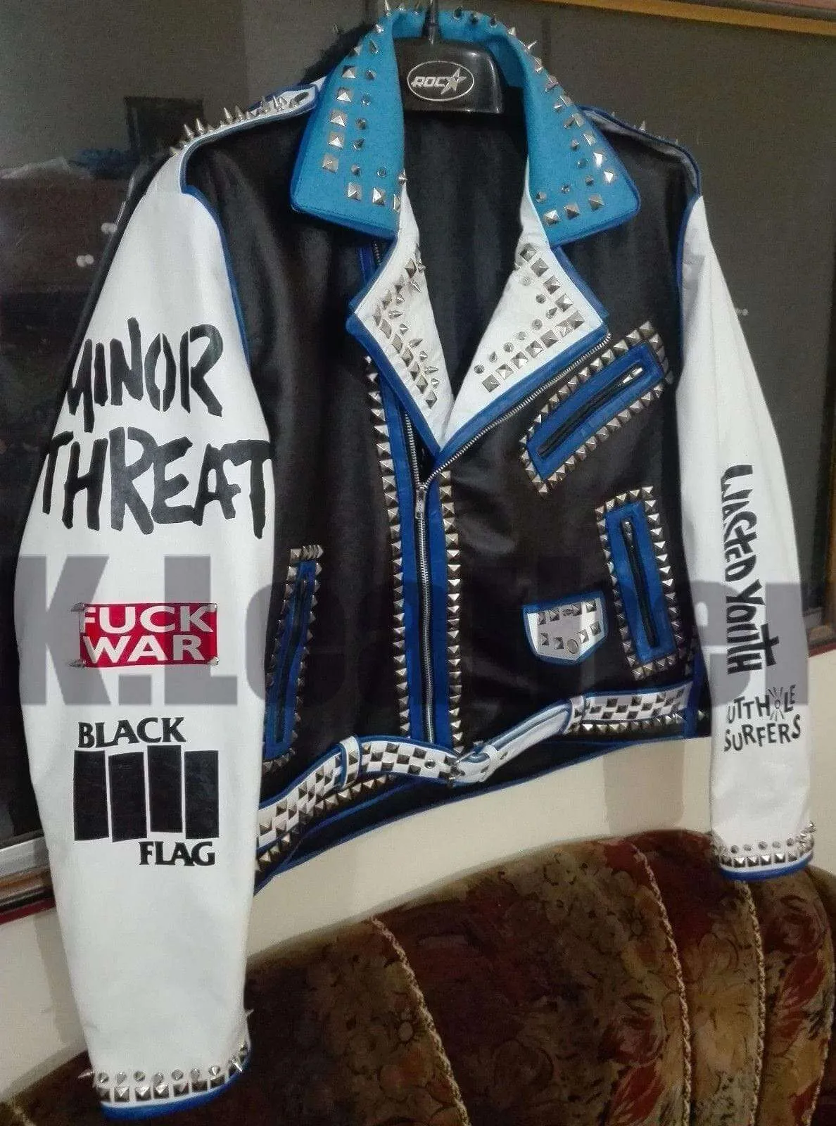 Mens Multi color Studded Printed Logos Punk Leather Jacket