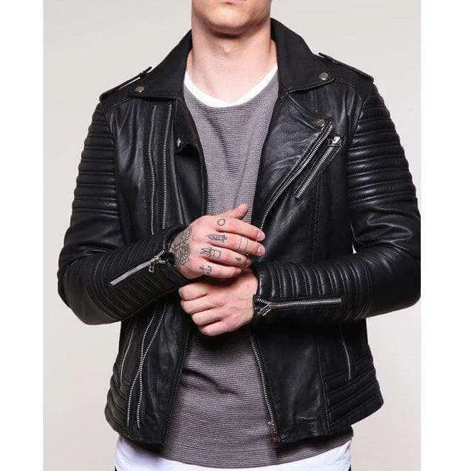 Men's Padded Black Motorcycle Fashion Leather Jacket, Men Winter Fashion Jacket