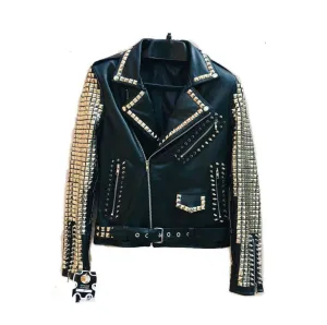 Men's Punk Style Golden Studded Black Zipper Leather Jacket