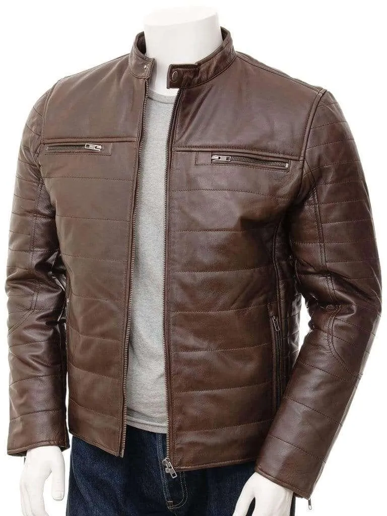 Mens Quilted Leather Jacket in Brown , Dress Fashion Genuine leather jacket