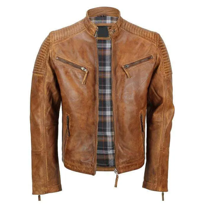 Men's Tan Vintage Biker Style Waxed Sheep Skin Fashion Jacket