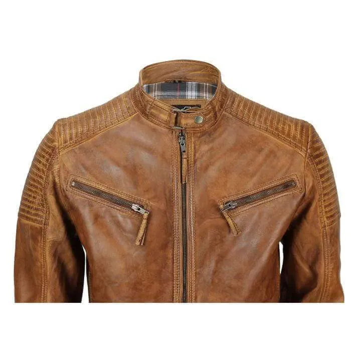 Men's Tan Vintage Biker Style Waxed Sheep Skin Fashion Jacket