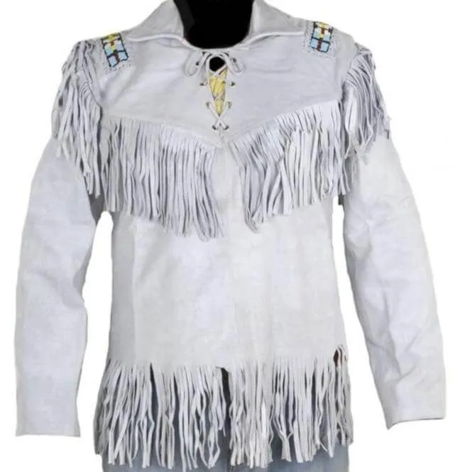 Men's Western Cowboy Real Leather Jacket, Handmade White Leather Jacket With Fringes