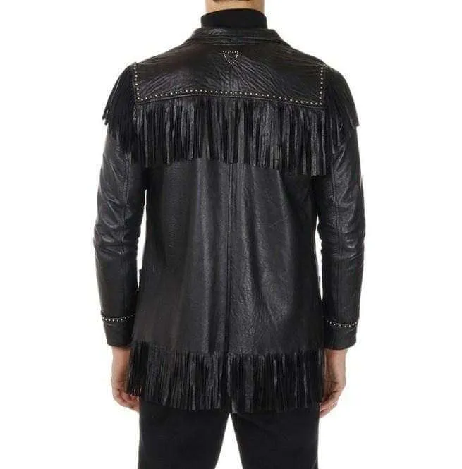 Men's Western Leather Jacket Wear Fringes Beads Native American Cowboy Black Coat