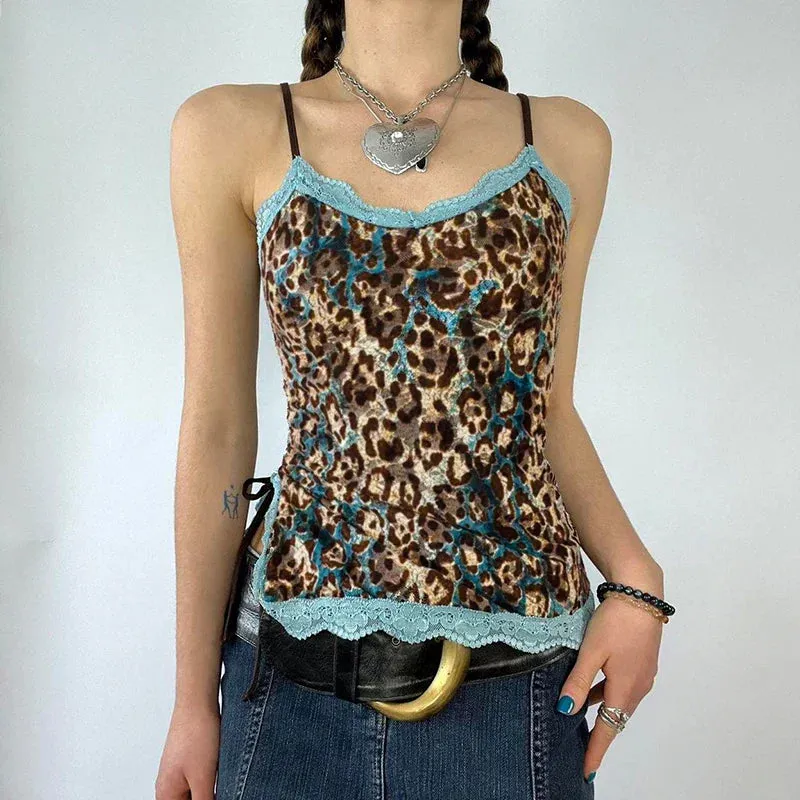 Metaversmall Asymmetrical Vintage Sexy Lace Top Camisole Drawstring Y2K Aesthetic Party Summer Crop Tops Women Leopard Transparent