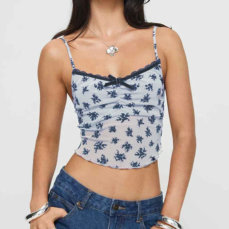 Metaversmall Fashion Printed Sexy Mesh Top Camisole Lace Trim Bow Transparent Slim Folds Summer Cropped Top Female Y2K Clothes New