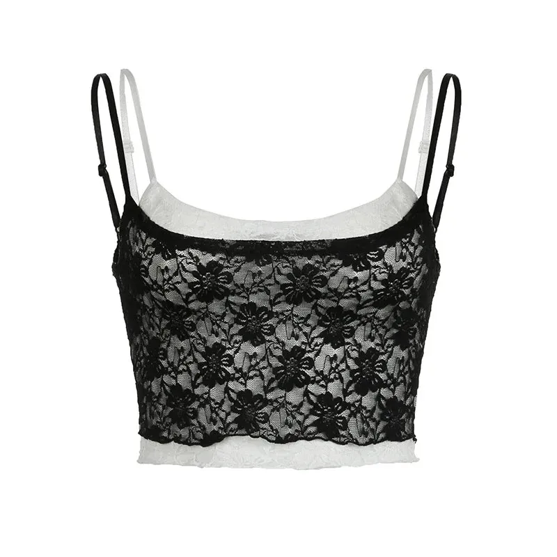 Metaversmall Fashion Strap Black White Lace Top Camisole Transparent Skinny Sexy Party Crop Tops Women Summer Contrast Color Retro