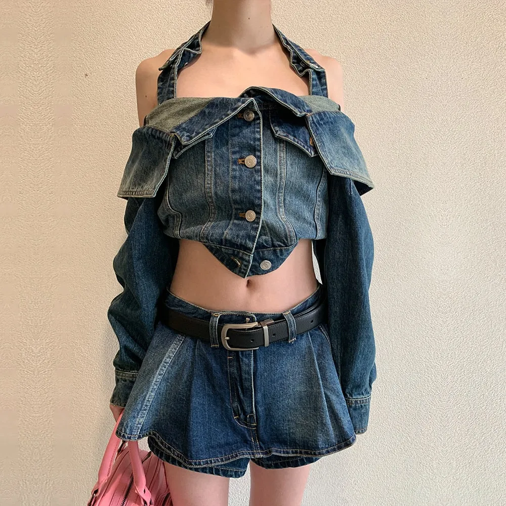 Minimalist Denim Jackets For Women Square Collar Long Sleeve Hollow Out Spliced Button Summer Jacket Female Fashion