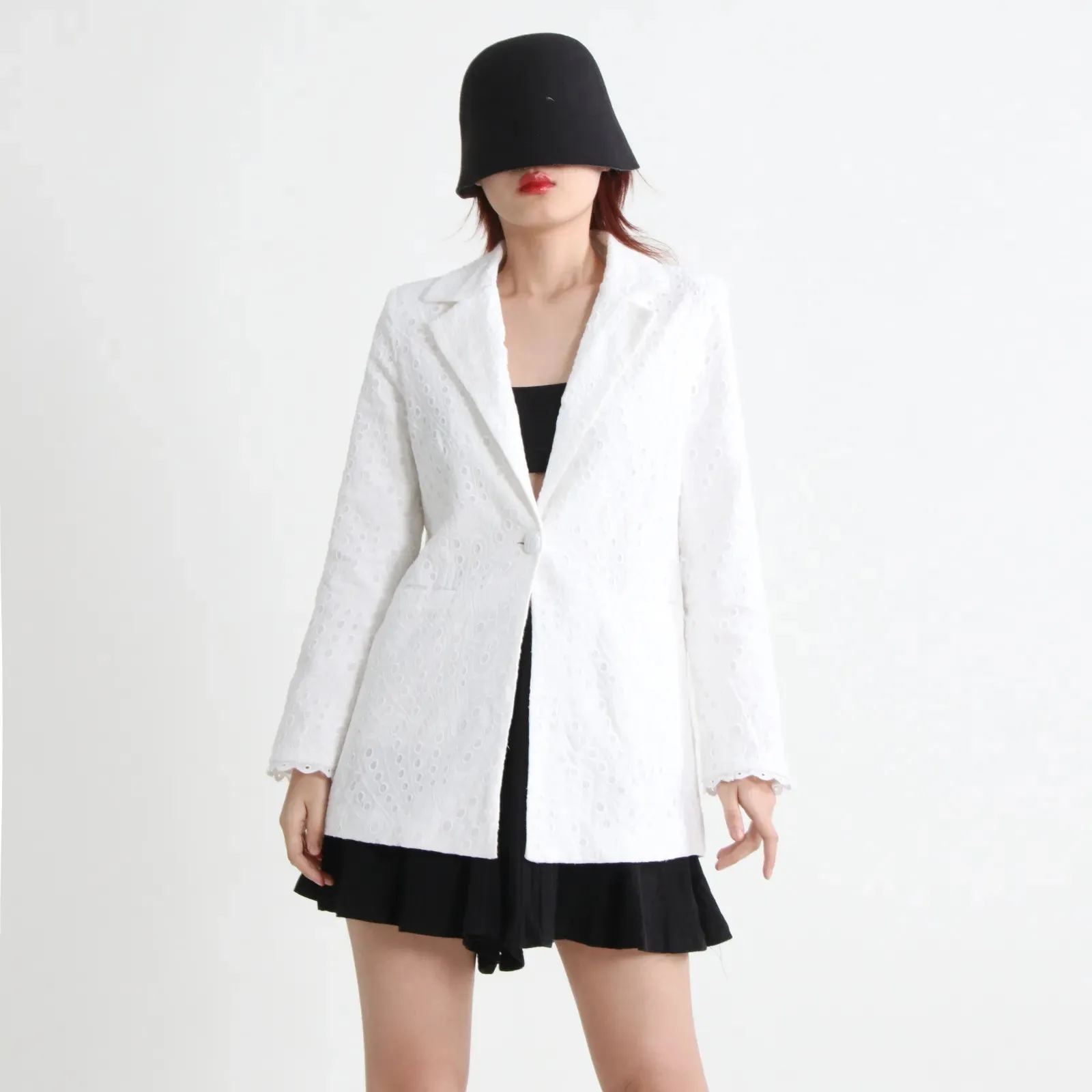 Minimalist Embroidery Blazers For Women Notched Collar Long Sleeve Slim Single Button Temperament Blazer Female