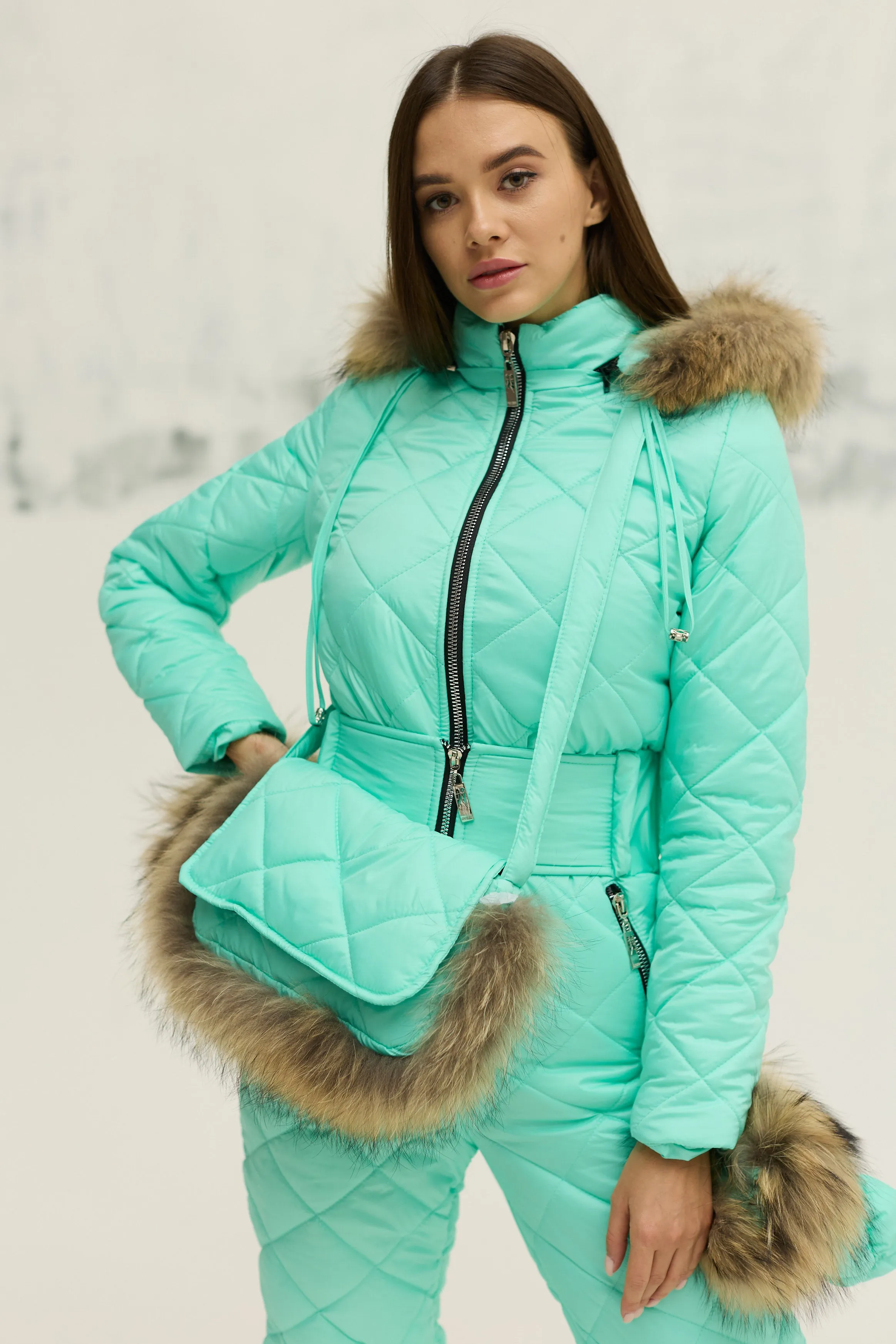 Mint Color High Quality Winter Jumpsuit, Bag, Gloves Women's Clothing