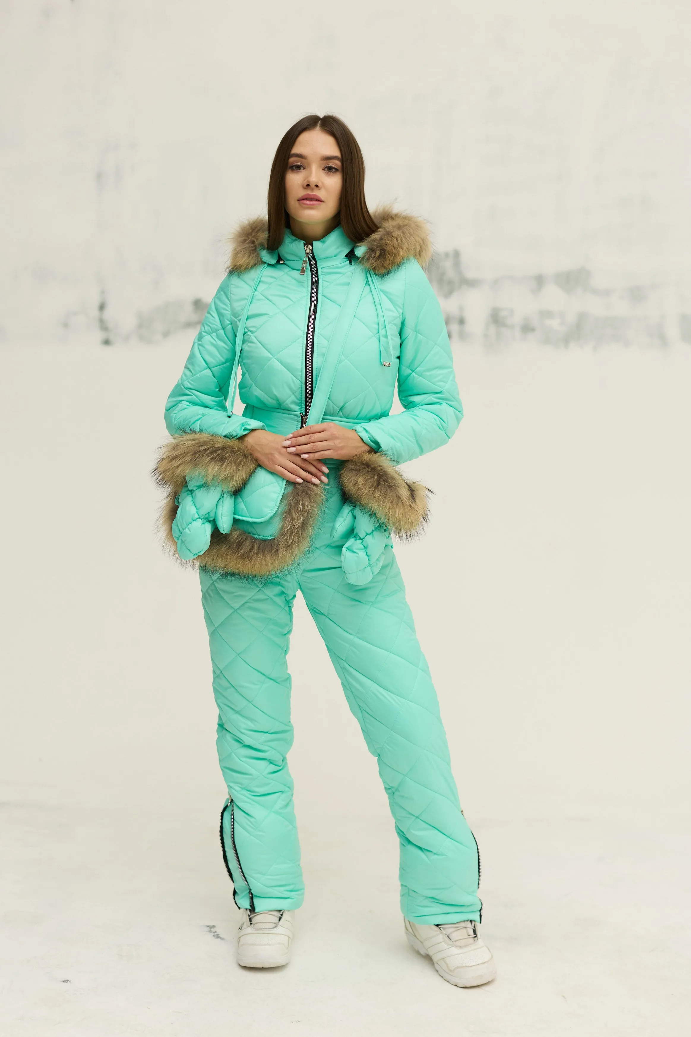 Mint Color High Quality Winter Jumpsuit, Bag, Gloves Women's Clothing