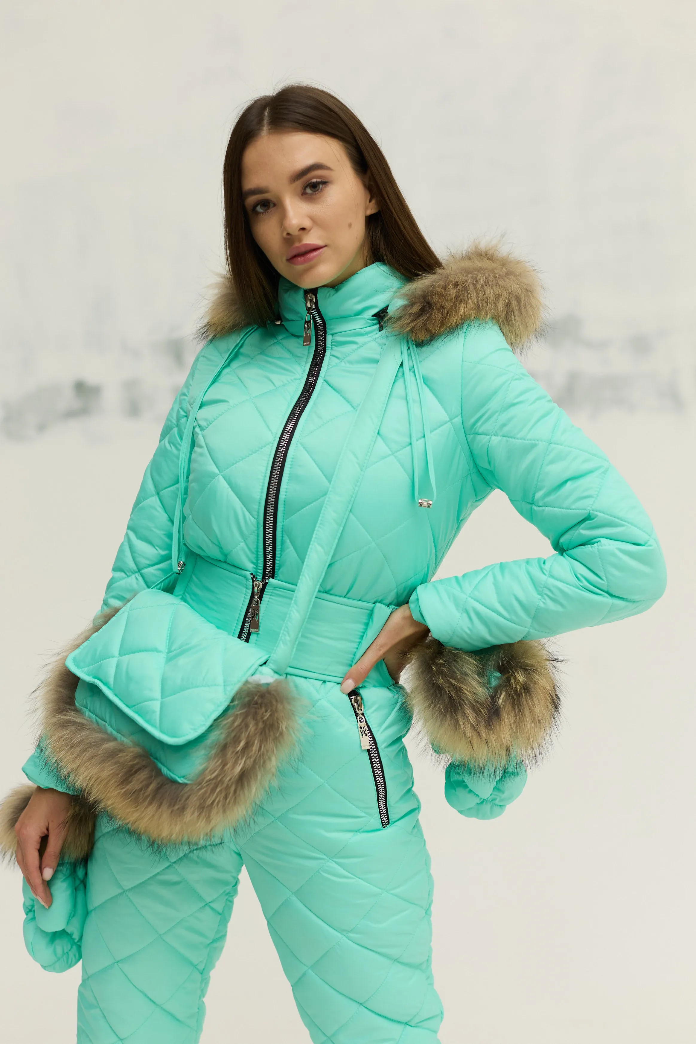 Mint Color High Quality Winter Jumpsuit, Bag, Gloves Women's Clothing