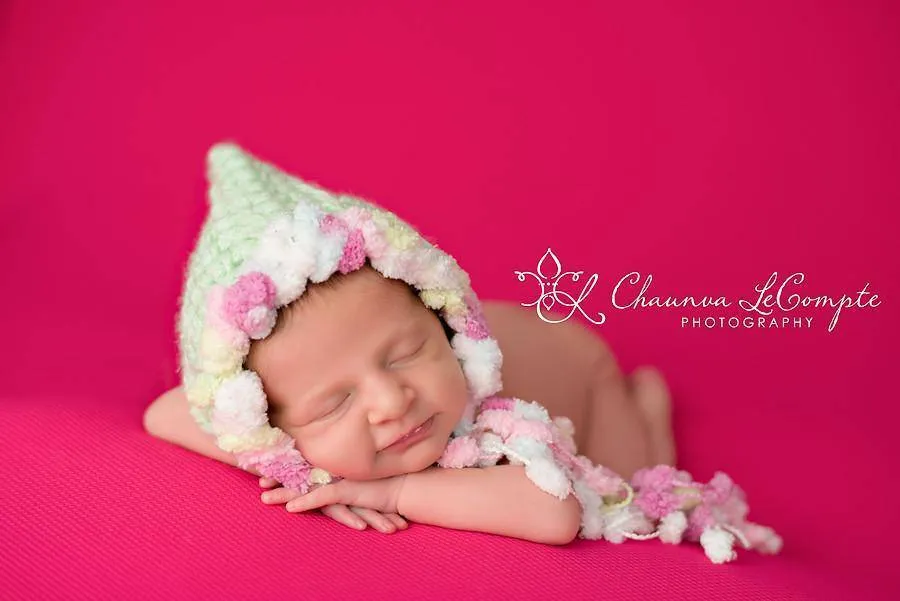 Mint Green Pink White Yellow Newborn Bonnet Hat Pom Pom